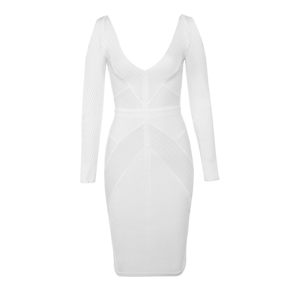 White V Neck Long Sleeve Hollow Out Spring Sexy Newest Arrival Knee Length Bandage Dresses Woman Party Night