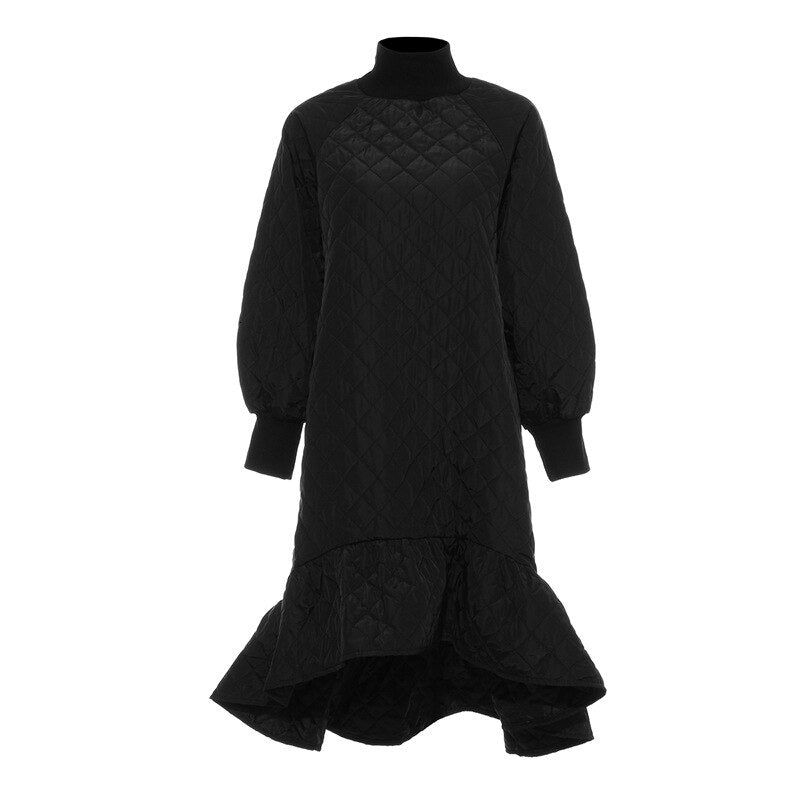See Beautiful New Fashion Spring Simple Turtleneck Long Lantern Sleeve Warm Stitching Loose Fishtail Dress Woman