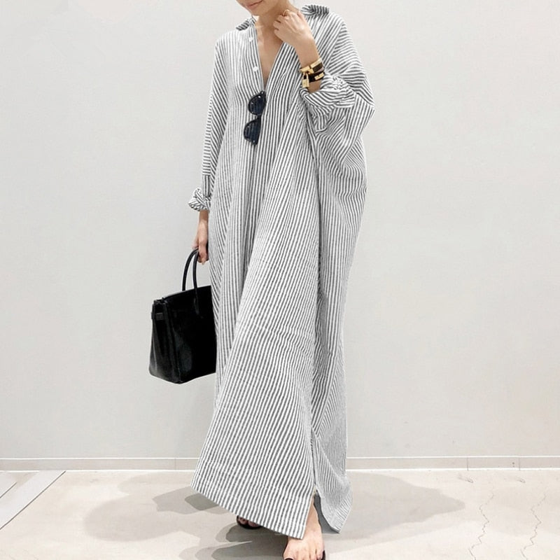 Summer New Dresses for Woman Fashion Striped Cardigan Loose Large Casual Temperament Commuter Irregular Women's Long Dress Tops
