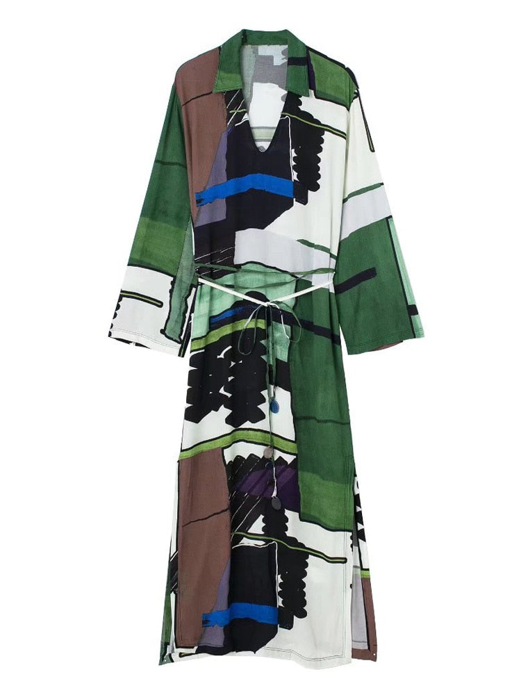 TRAF Green Print Long Dress Woman Summer Casual Maxi Dresses for Women Long Sleeve Beach Female Dress Trend Blet Sundress Women