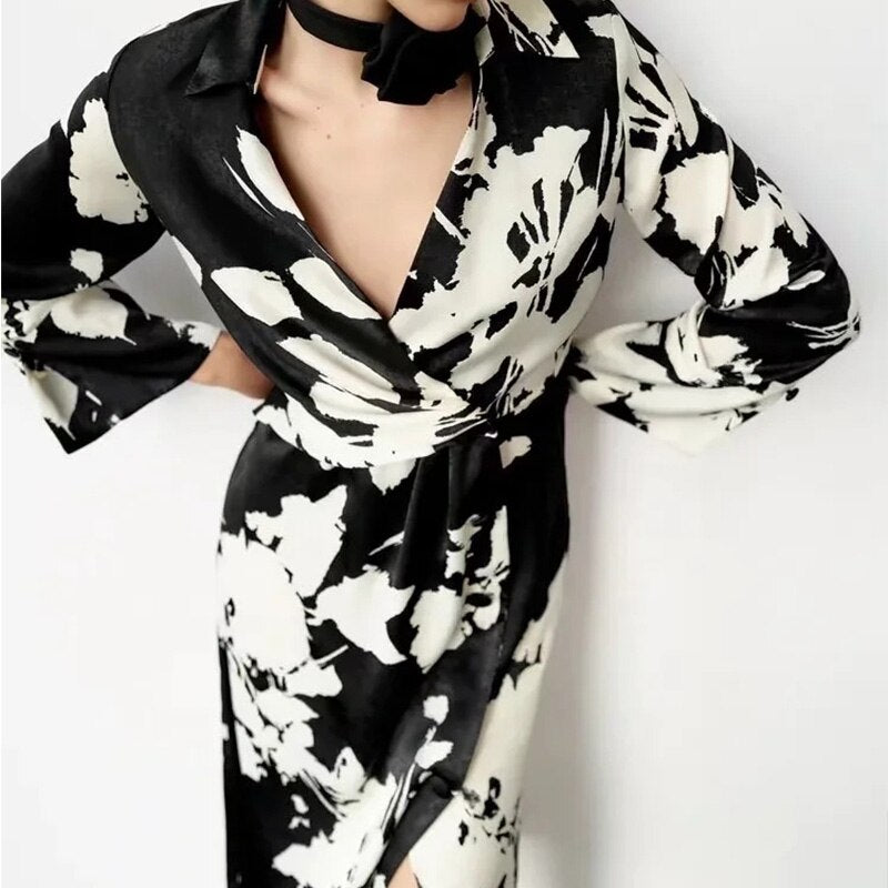 Woman Dress Autumn New Women Fashion Flower Print Long-Sleeve Dress Long Folds Elegant Dress Casual Summer Dresses