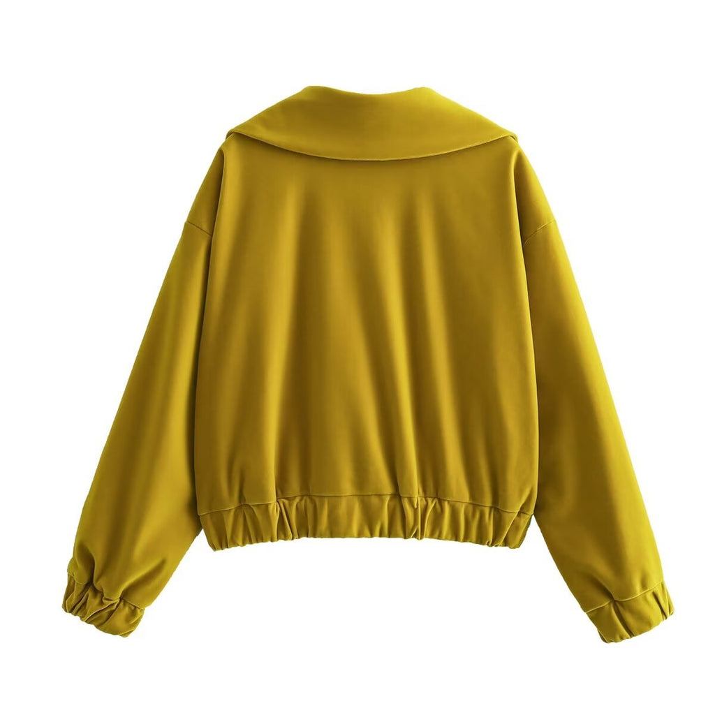 Women Folds Long Sleeve Casual Short Jacket Top Woman Elegant Vintage Solid Side Pockets Loose Lapel Outerwear Coat