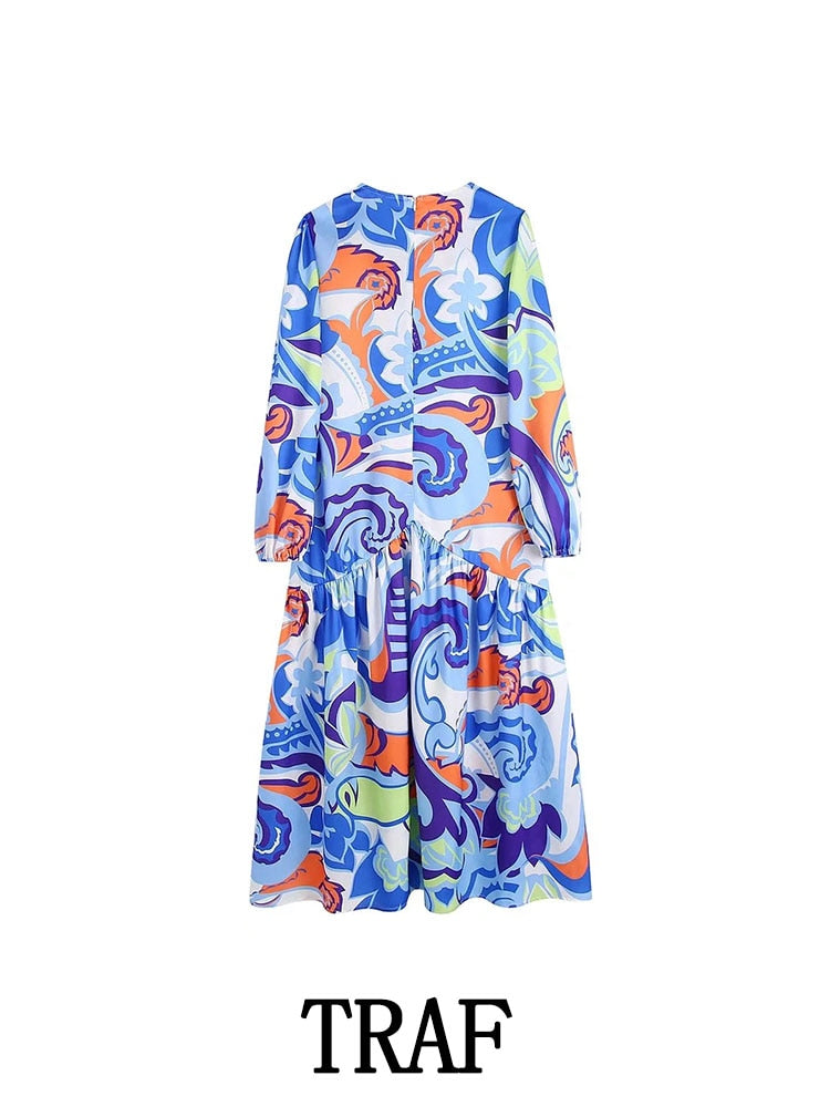 Women Printed  Shirt Dress Vintage Mini Dress Woman Long Sleeve Short Summer Dresses V-Neck Casual Dresses