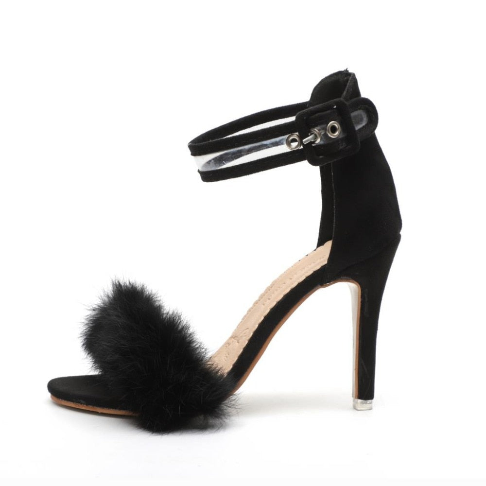 Women Pumps Snake Black High Thin Heels Ankle Strap Platform Faux Fluffy Rabbit Fur Woman Sandal Party Wedding Lady Shoes