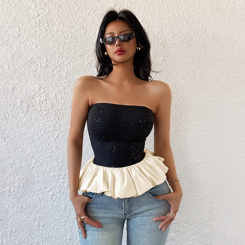 European and American black and white contrasting flower bud temperament socialite niche strapless top woman