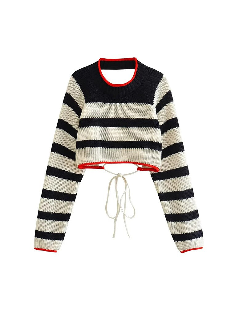 TRAF Woman Knitted Sweater Fashion Stripe Backless Long Sleeve O-neck Pullover Female Sweaters Chic Tops