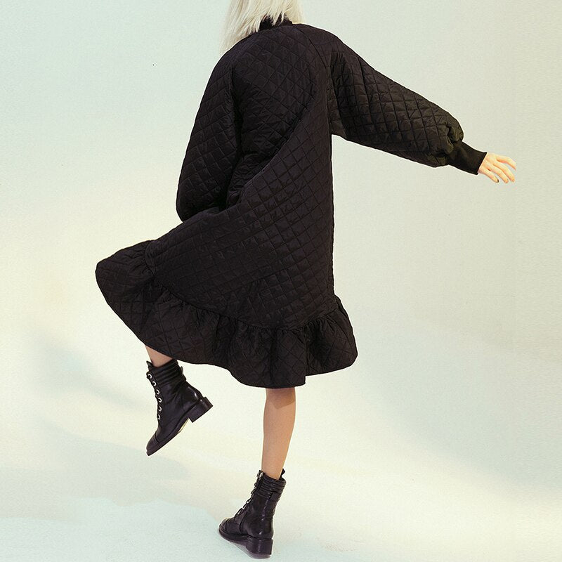 See Beautiful New Fashion Spring Simple Turtleneck Long Lantern Sleeve Warm Stitching Loose Fishtail Dress Woman
