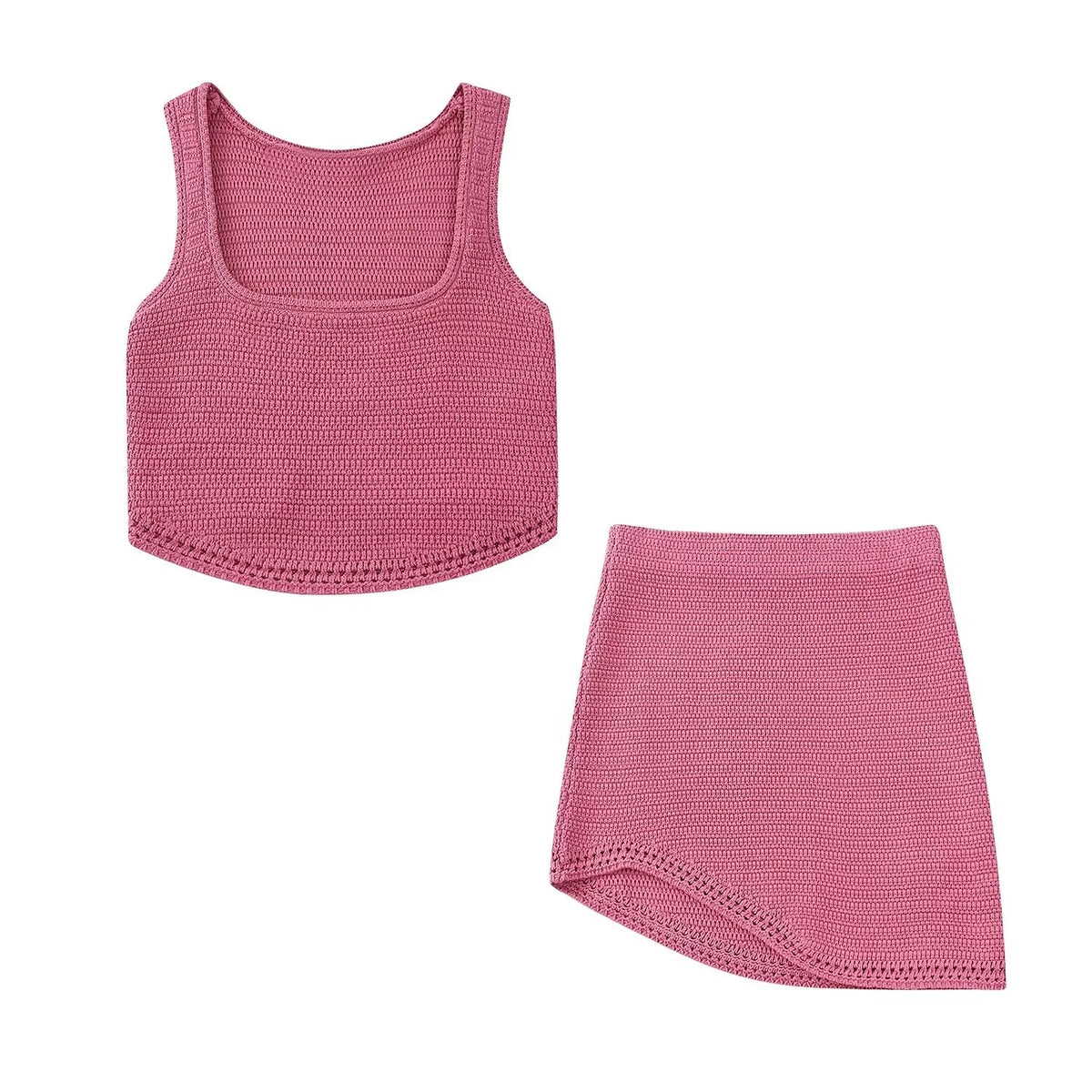 Woman 2 Pieces Sets Fashion Slim Crochet Knitting O-Neck Short Tops + Asymmetry Knit Mini Skirts Causal Sets