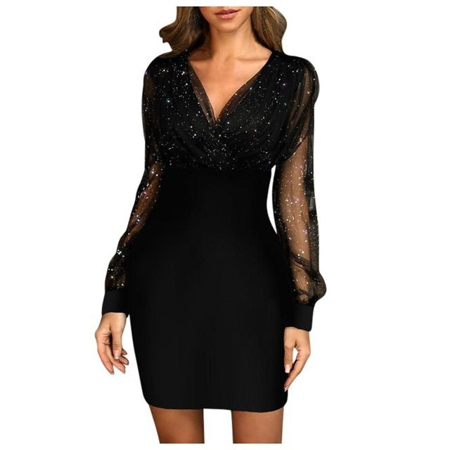 Sexy Women's Dress V-Neck  Long Sleeve Mini Chiffon Dress V  Neck Elegant Purple Woman Dresses Casual Lace Vestido