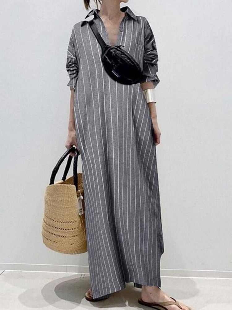Summer New Dresses for Woman Fashion Striped Cardigan Loose Large Casual Temperament Commuter Irregular Women's Long Dress Tops
