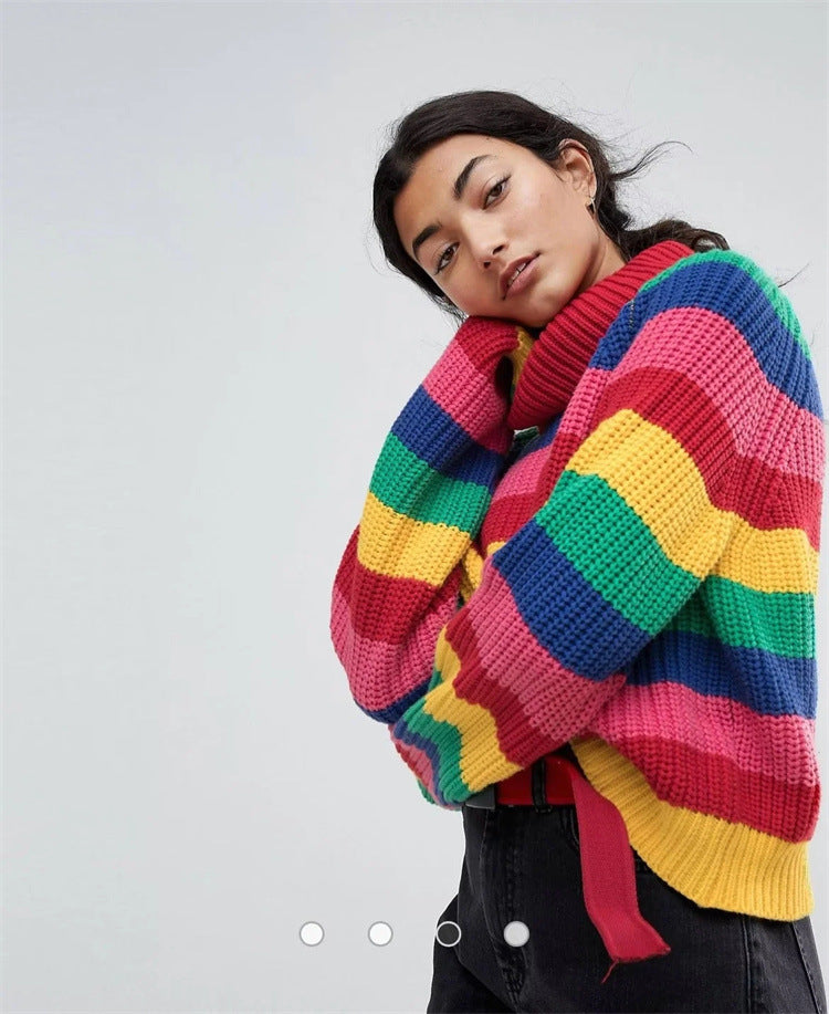Woman Rainbow Stripe Knitted Sweater Women Autumn High Collar Sweater Causal Fashion Long Sleeve Pullovers