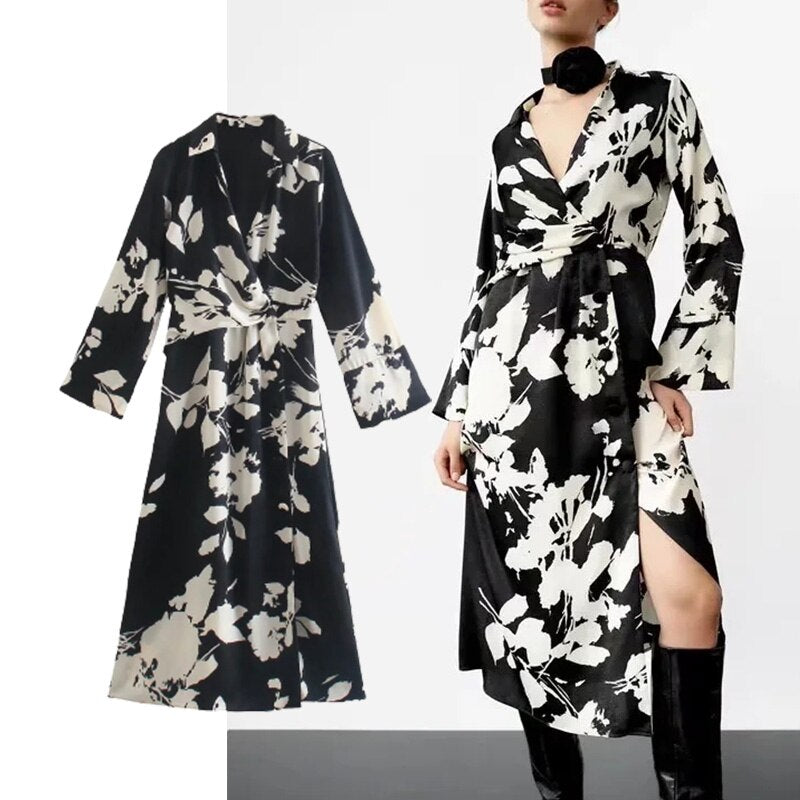 Woman Dress Autumn New Women Fashion Flower Print Long-Sleeve Dress Long Folds Elegant Dress Casual Summer Dresses