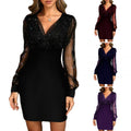 Sexy Women's Dress V-Neck  Long Sleeve Mini Chiffon Dress V  Neck Elegant Purple Woman Dresses Casual Lace Vestido