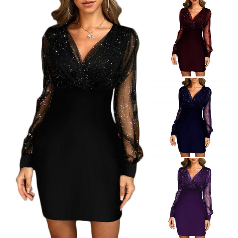 Sexy Women's Dress V-Neck  Long Sleeve Mini Chiffon Dress V  Neck Elegant Purple Woman Dresses Casual Lace Vestido