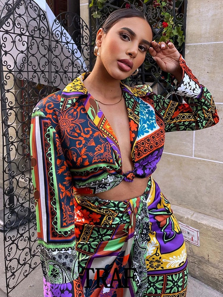 Women 2 Pieces Set Fashion Ethnic Printed Knotted Top + Vintage Long Skirt Summer Woman Outfit Dress Sets