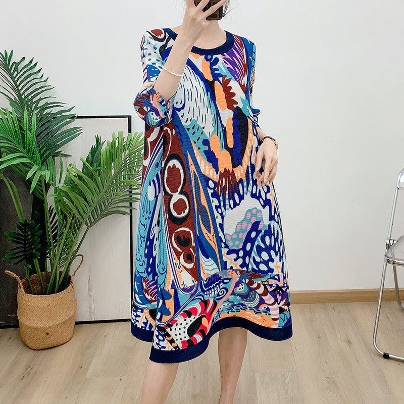 Folded pleated skirt with yellow printed women's clothing