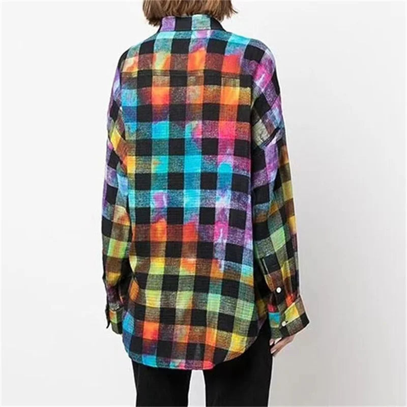 Fashion Woman Blouse  Autumn New Rainbow Plaid Women's Shirt Washed Old Pure Cotton Long Sleeved Top Loose And Thin Coat