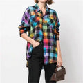 Fashion Woman Blouse  Autumn New Rainbow Plaid Women's Shirt Washed Old Pure Cotton Long Sleeved Top Loose And Thin Coat