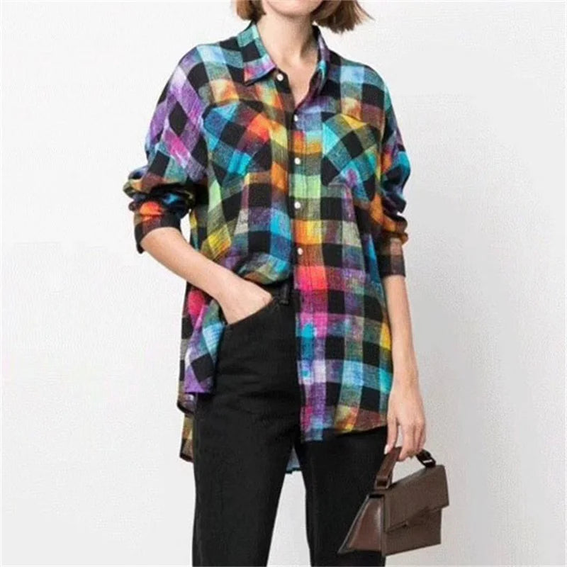 Fashion Woman Blouse  Autumn New Rainbow Plaid Women's Shirt Washed Old Pure Cotton Long Sleeved Top Loose And Thin Coat