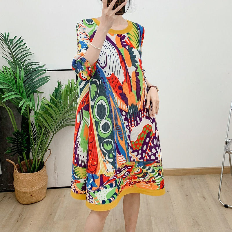 Folded pleated skirt with yellow printed women's clothing