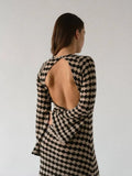 Print Knitted Dress Woman Autumn Backless Long Sleeve Sexy Midi Dresses Fashion Contrast Vacation Hallow Out Robe