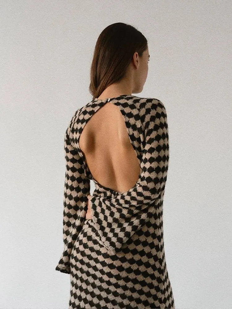Print Knitted Dress Woman Autumn Backless Long Sleeve Sexy Midi Dresses Fashion Contrast Vacation Hallow Out Robe