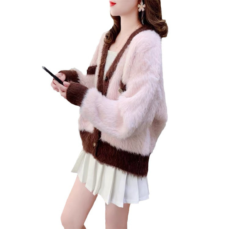 Winter Imitation Mink Velvet Woman Sweater Coats New V Neck Loose Knitwear Female Cardigans Casual Sweater Cardigan