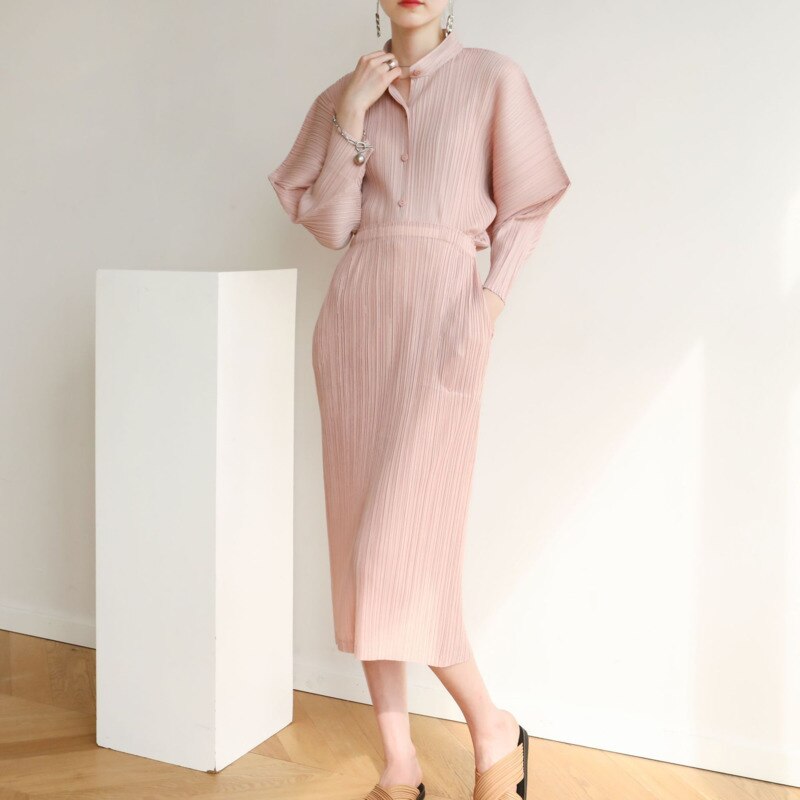 Woman Suit Solid Pleated Stand Collar Garment Horn Sleeve Shirt + High Waist Skirt Slim Casual Style Autumn