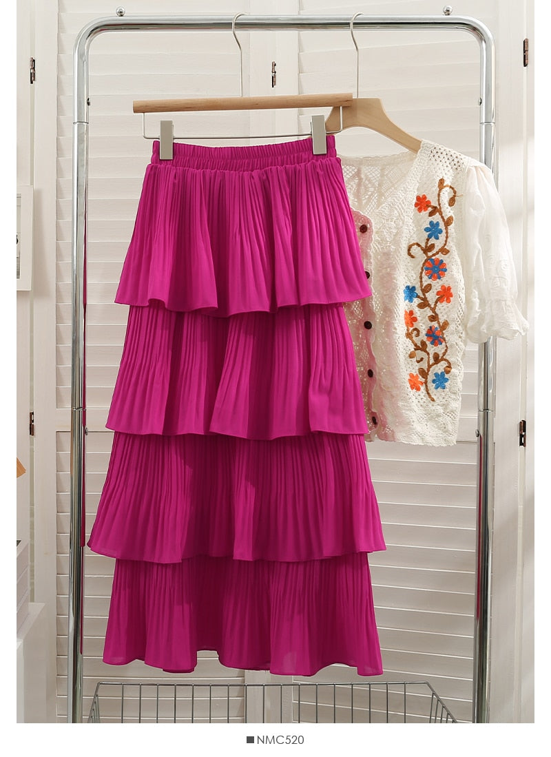 Woman Clothes New  Spring Summer Korean Medium Long Pleated Cake Skirt Fashion Ladies Solid Versatile Office Skirts Korean