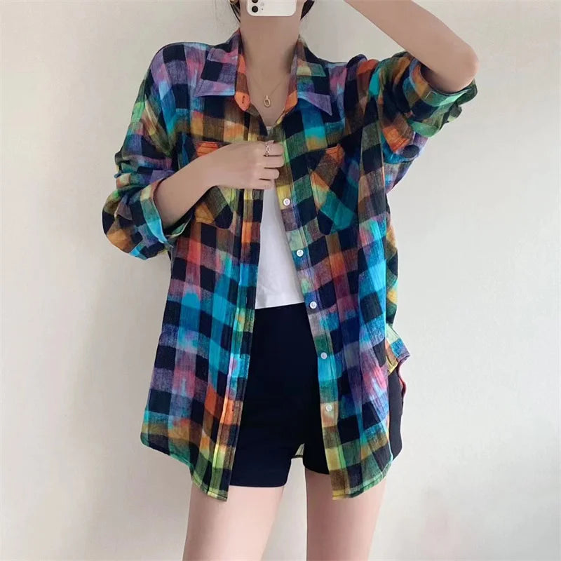 Fashion Woman Blouse  Autumn New Rainbow Plaid Women's Shirt Washed Old Pure Cotton Long Sleeved Top Loose And Thin Coat