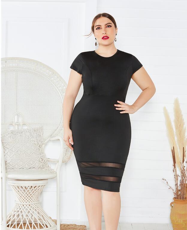 Sexy Plus Size Women's European And American Foreign Trade Fat Woman Dress Solid Color Mesh Stitching Dress