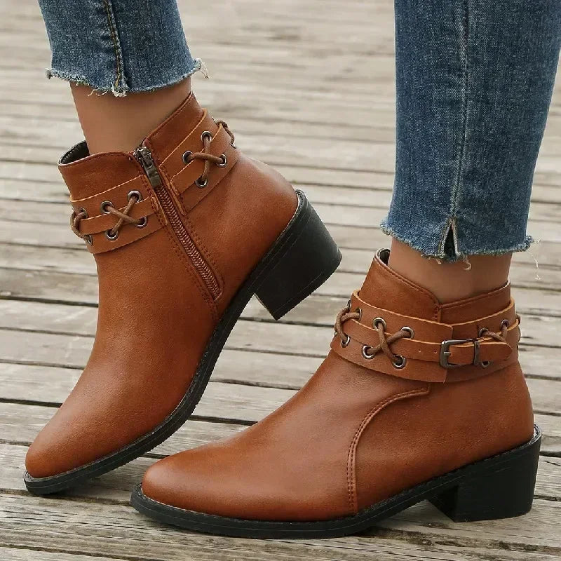 Women Ankle Boots Autumn Winter New Pu Leather Short Boots Woman Side Zipper Thick Heeled Rivet Leather Boots Pus Size