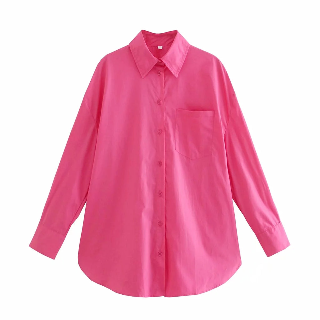 Klkxmyt Za Women's Shirt Fashion Pink Oversize 100% Cotton Casual Button Pockets Loose Blouses Chic Streetwear Shirts Woman Tops