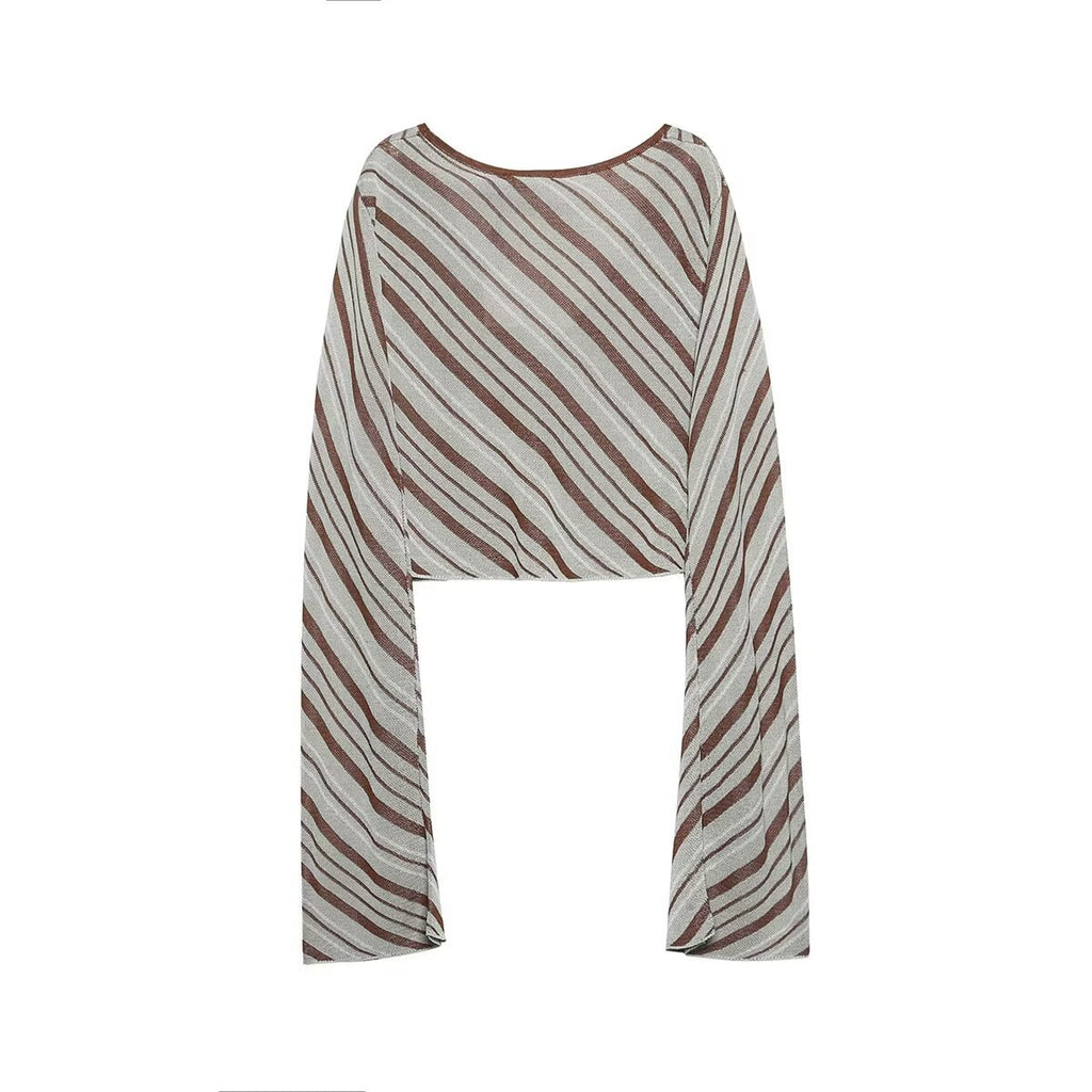 Woman Vintage Striped High Waist Long Skirts Women Elegant Chic V-Neck Long Sleeves Buttons Cardigan Tops