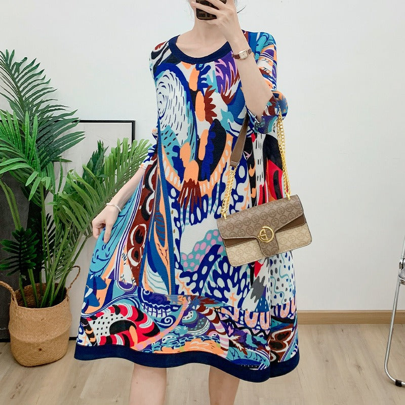 Folded pleated skirt with yellow printed women's clothing
