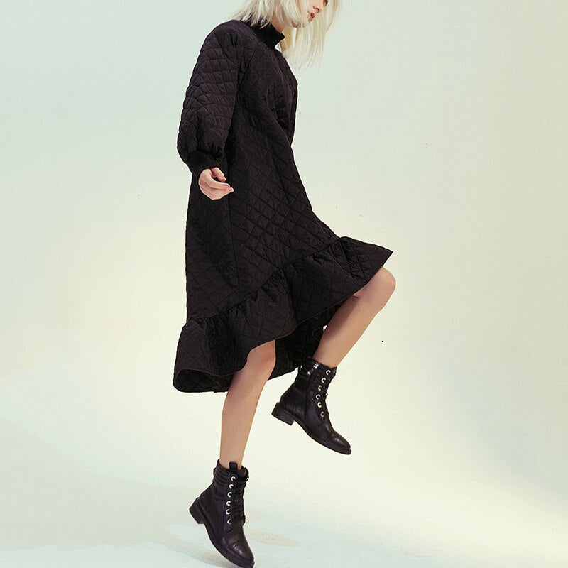 See Beautiful New Fashion Spring Simple Turtleneck Long Lantern Sleeve Warm Stitching Loose Fishtail Dress Woman