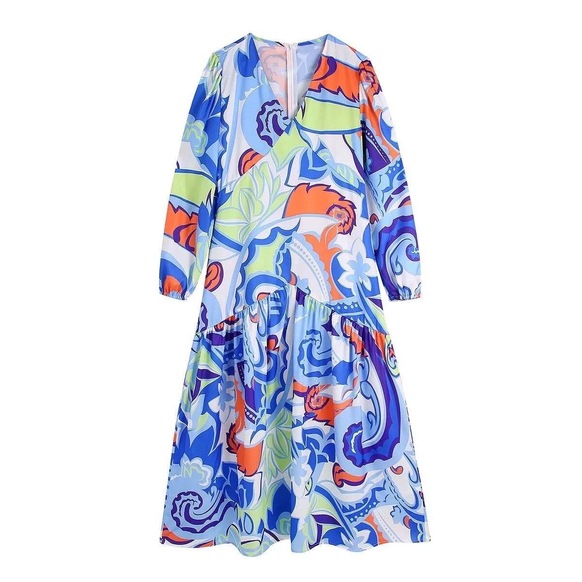 Women Printed  Shirt Dress Vintage Mini Dress Woman Long Sleeve Short Summer Dresses V-Neck Casual Dresses