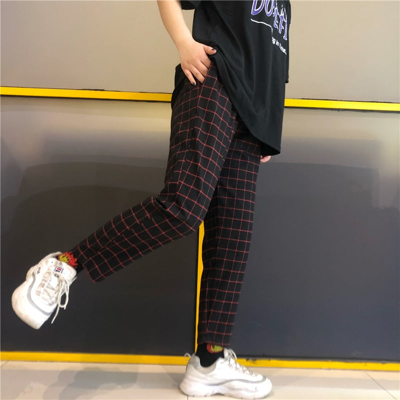 Fashion Vintage Plaid Patchwork Pants Harajuku Woman Man Trousers Elastics High Waist Pants Korean Causal Straight Pants