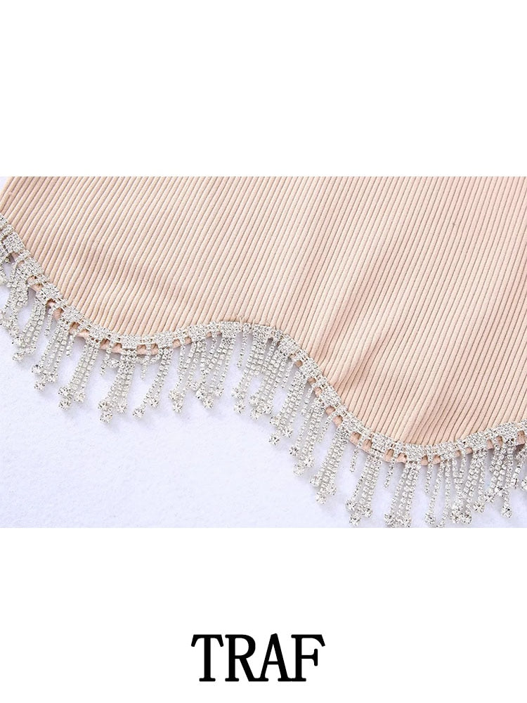 New Jewelry Inlay Vest Short Top Woman Fashion Sleeveless Round-Neck Causal Slim Shiny Femel Vest Tops