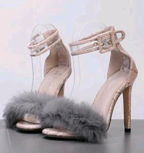 Women Pumps Snake Black High Thin Heels Ankle Strap Platform Faux Fluffy Rabbit Fur Woman Sandal Party Wedding Lady Shoes