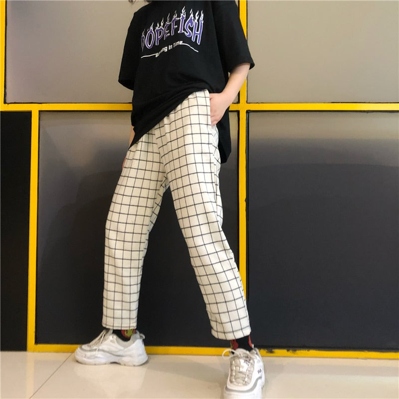 Fashion Vintage Plaid Patchwork Pants Harajuku Woman Man Trousers Elastics High Waist Pants Korean Causal Straight Pants