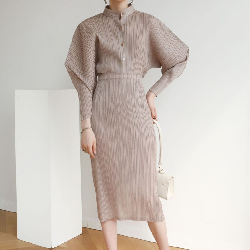 Woman Suit Solid Pleated Stand Collar Garment Horn Sleeve Shirt + High Waist Skirt Slim Casual Style Autumn