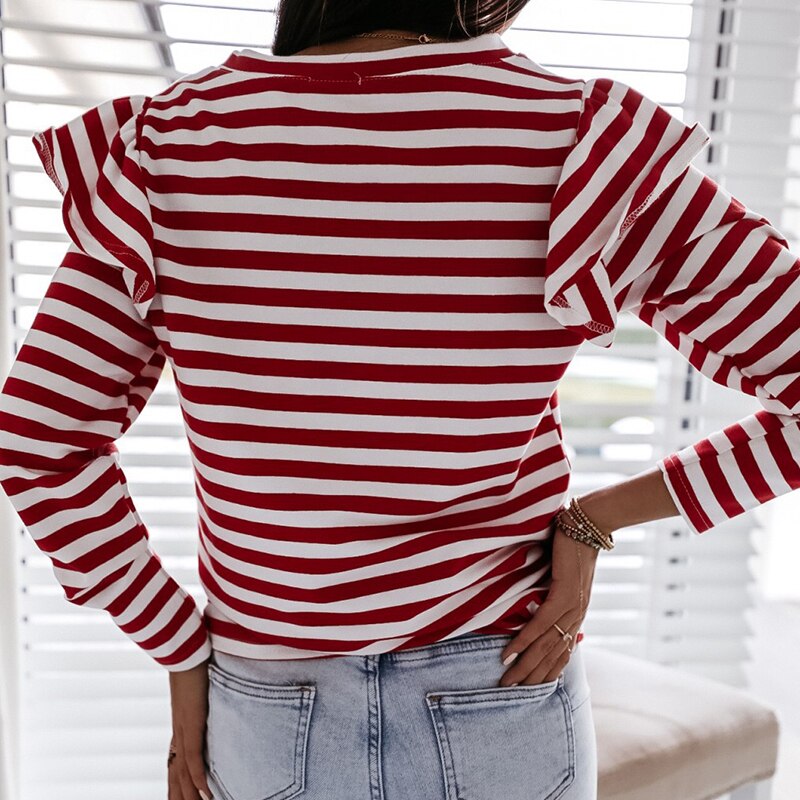 Women Blouse Shirt Striped Ruffle Long Sleeve Tops Women Casual Feminine Tee Fashion Woman Blouses O Neck Top Female