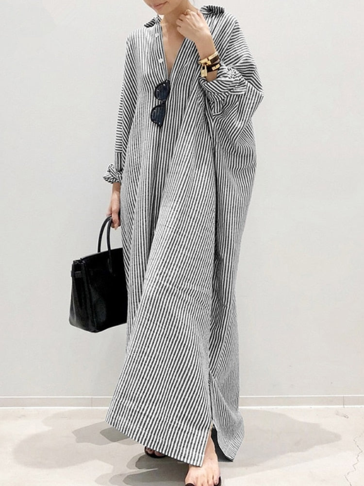 Summer New Dresses for Woman Fashion Striped Cardigan Loose Large Casual Temperament Commuter Irregular Women's Long Dress Tops