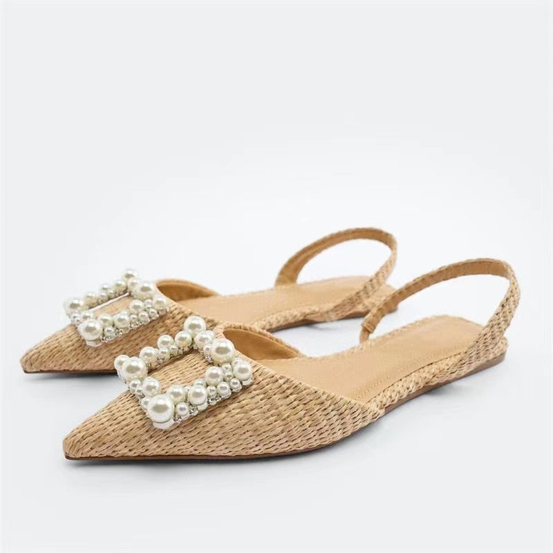 New Woman Gold Bling Flat Shoes Vintage Black Back Elastic Straps Single Shoes Fashion Slingbacks Female Single Shoes
