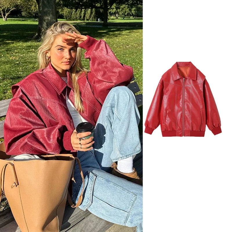 Faux Leather Bomber Jackets For Women Zipper Oversize Jacket Woman Long Sleeve Autumn New Outerwear Streetwear Winter Coat