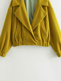 Women Folds Long Sleeve Casual Short Jacket Top Woman Elegant Vintage Solid Side Pockets Loose Lapel Outerwear Coat