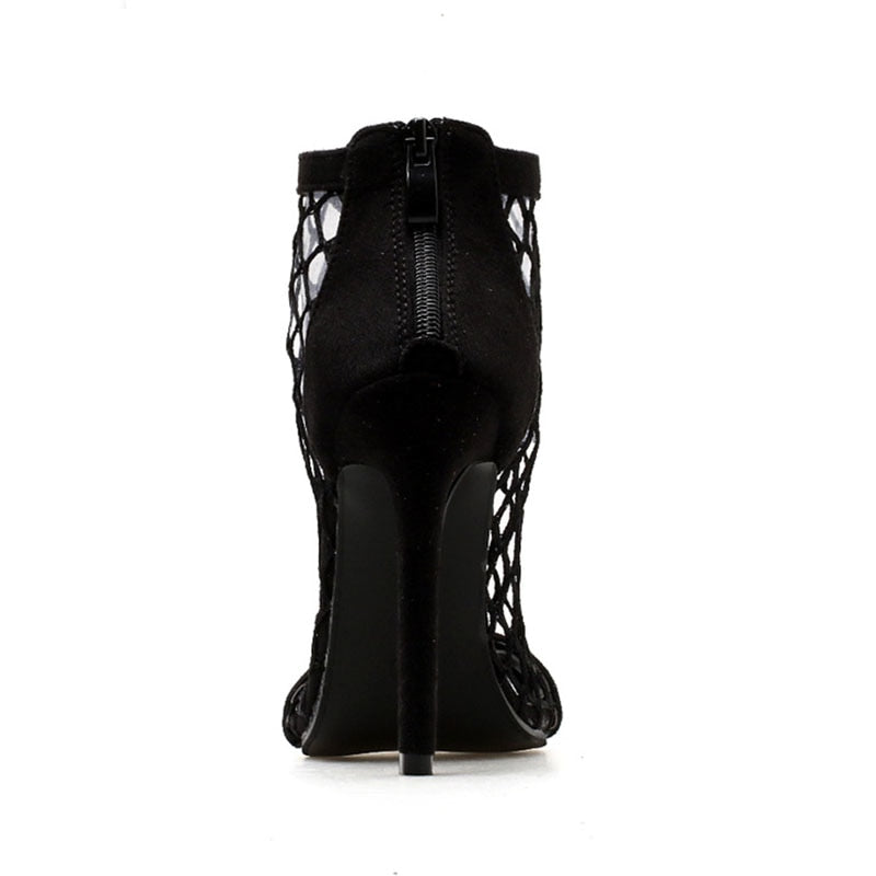 Women's Shoes Sexy High Heels Mesh Peep Toe Sandals Fishnet Zip Sexy Party Dress Woman Shoes