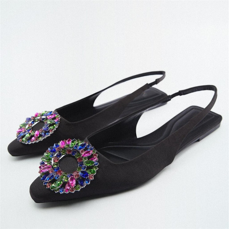 New Woman Gold Bling Flat Shoes Vintage Black Back Elastic Straps Single Shoes Fashion Slingbacks Female Single Shoes