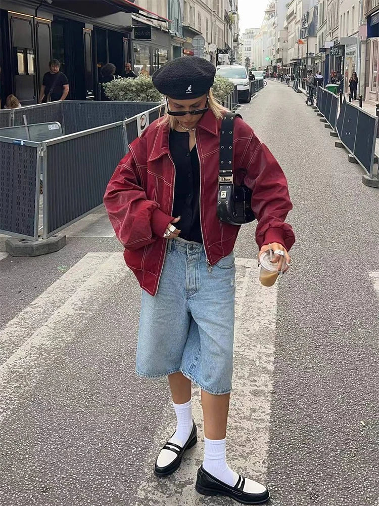 Faux Leather Bomber Jackets For Women Zipper Oversize Jacket Woman Long Sleeve Autumn New Outerwear Streetwear Winter Coat